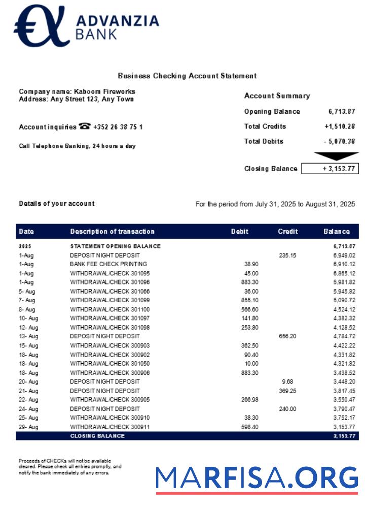 Realistic Advanzia business firm statement Word and PDF format (1) sample